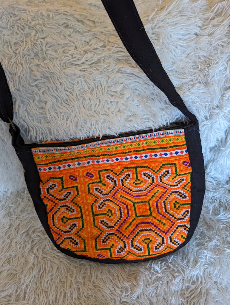 Boho-style Hmong Crossbody Bag - orange textile