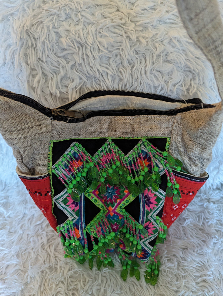 Boho-style Hmong Crossbody Bag - green beads
