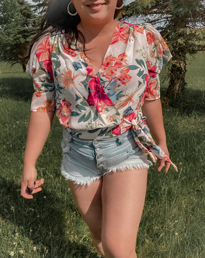 Puffy Sleeve Wrap Knot Crop Top